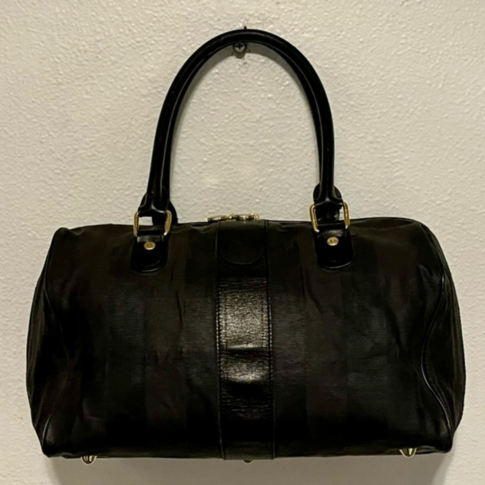 FENDI Vintage Pequin Stripe Black Boston Bag Leather & Coated Canvas VTG